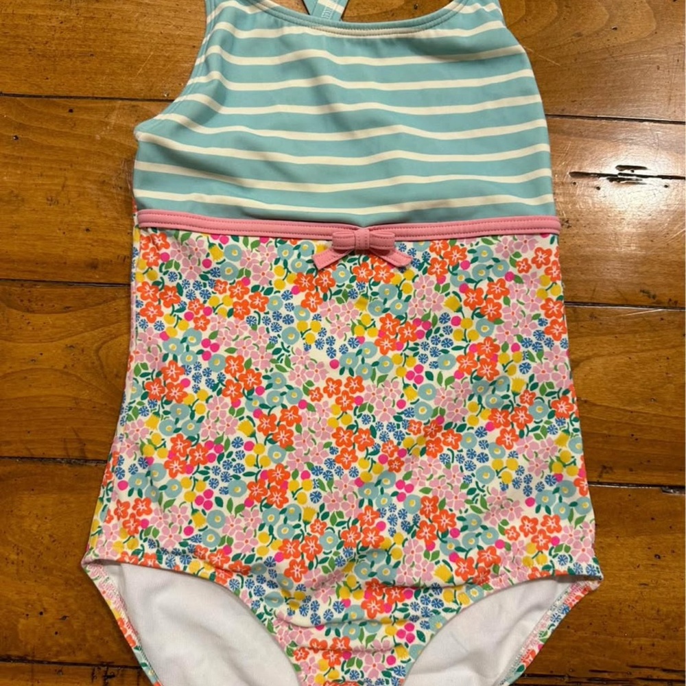 Mini Boden Floral and Striped Swimsuit size 8/9 VGUC see description